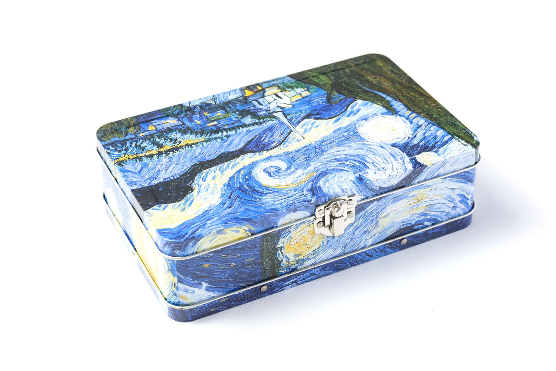 DAHO Caja de almacenamiento de metal con bisagra para oficina, escuela, hogar, maquillaje, artes y manualidades y accesorios (noche estrellada)