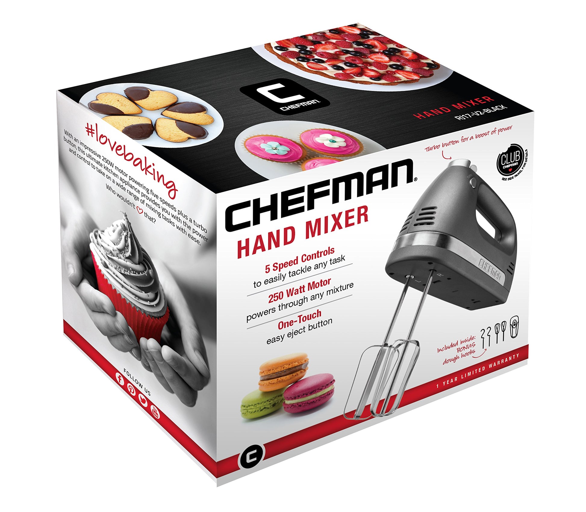 Chefman, Batidora de Mano, 5 Velocidades, Turbo Power, Mezcla, Bate y Amasa, Aspas de Acero Inoxidable, Diseño Ergonómico que te dara versatilidad en la cocina, Gris