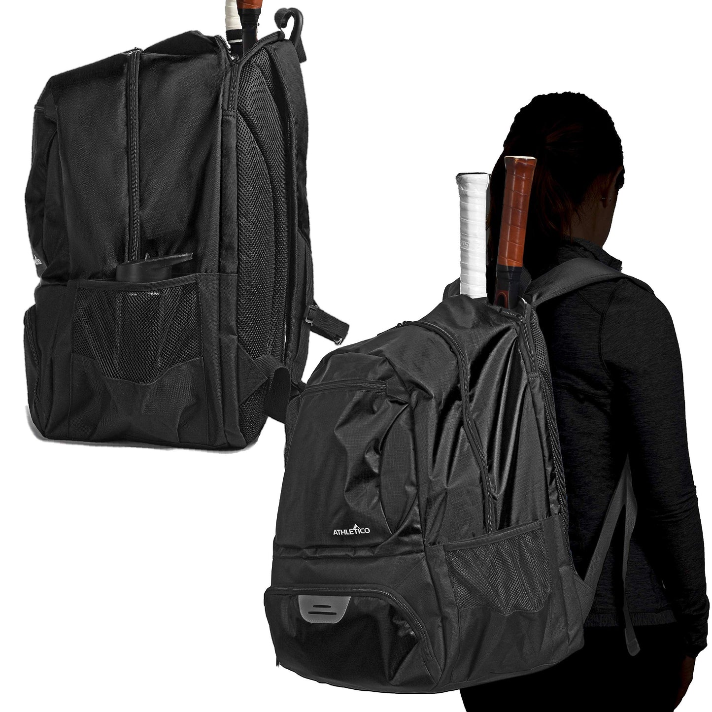 Athletico Premier - Mochila de tenis con compartimento acolchado para 2 raquetas, compartimento separado y ventilado para zapatos, bolsas de tenis para hombres o mujeres, Negro