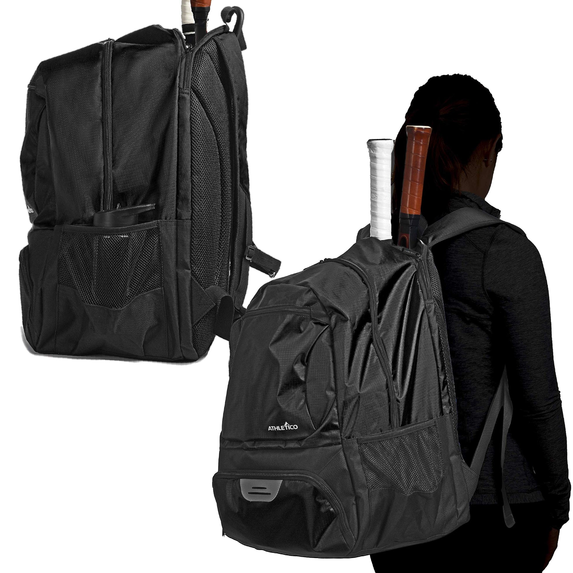 Athletico Premier - Mochila de tenis con compartimento acolchado para 2 raquetas, compartimento separado y ventilado para zapatos, bolsas de tenis para hombres o mujeres, Negro