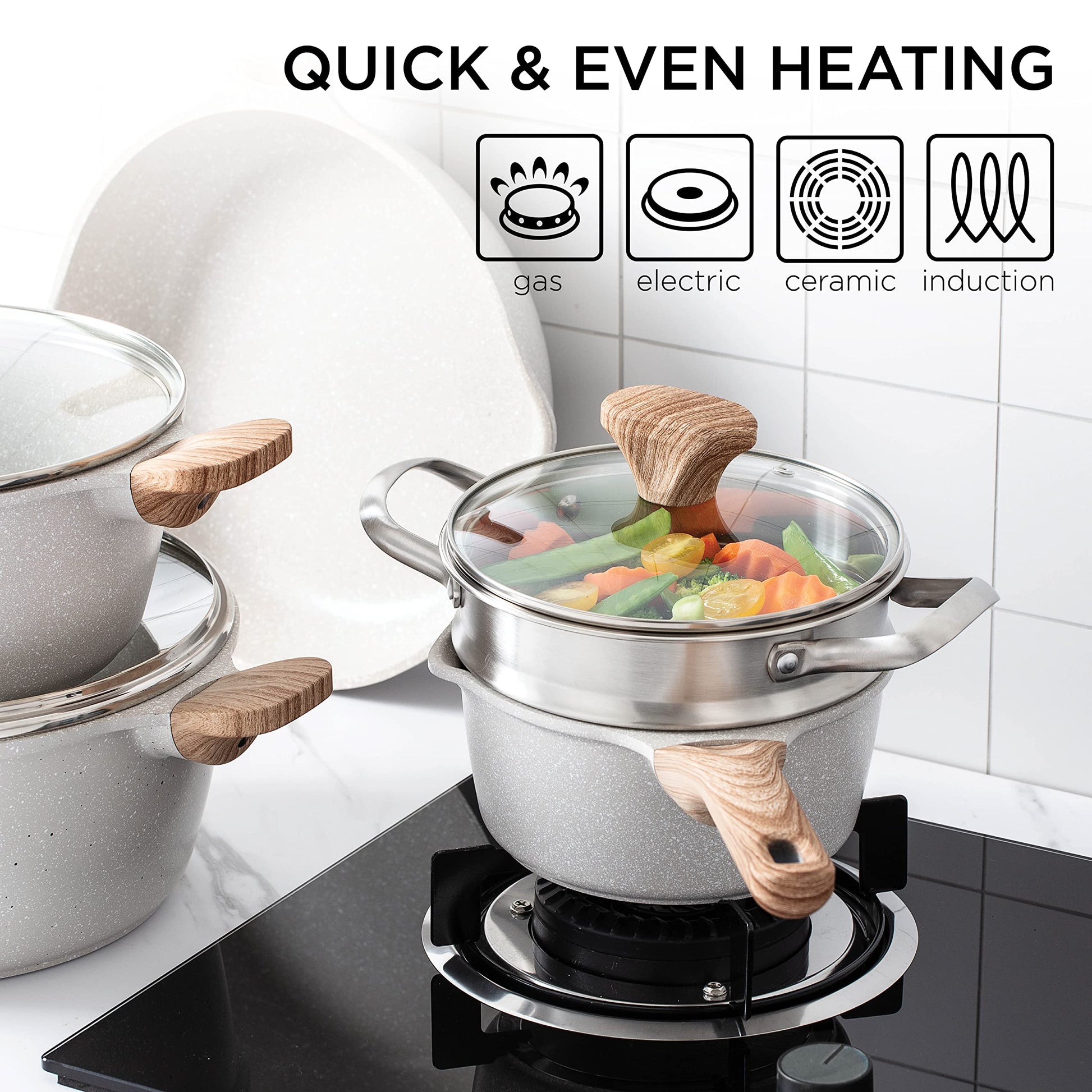 Country Kitchen - Juego de utensilios de cocina antiadherentes de inducción 13 ollas y sartenes de aluminio con asas BAKELITE - Ollas de inducción y sartenes con tapas de vidrio Crema (YCASPF9 CRM)