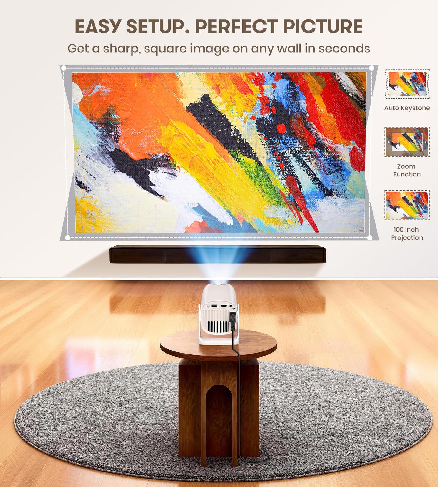 Miroir Mini proyector, proyector HD para el hogar con altavoz incorporado, enfoque automático, corrección Keystone, portátil para películas al aire última intervensión, compatible con smartphone, TV