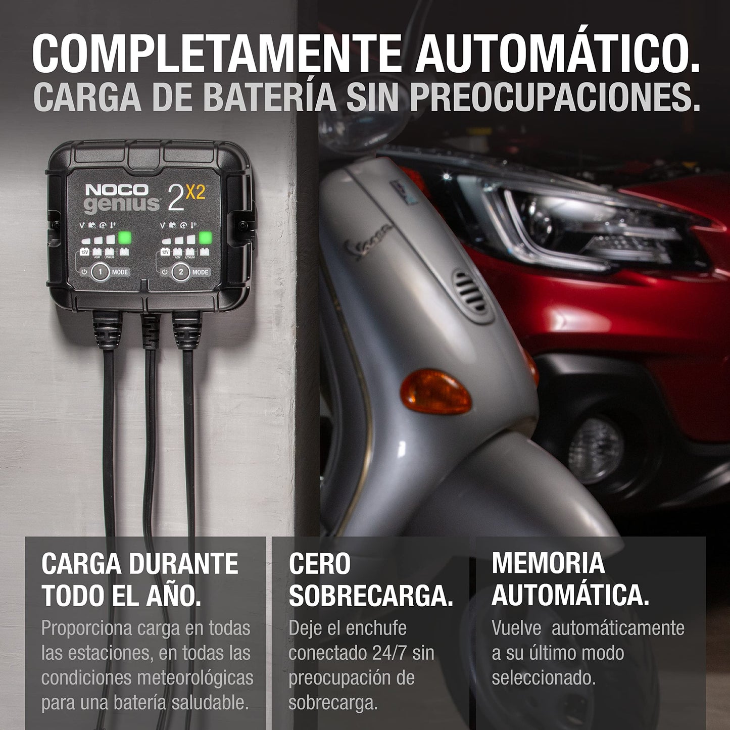 NOCO GENIUS2X2: Cargador Inteligente 6V/12V 4A de 2 Bancos (2A por Banco) – Mantenedor automático, Cargador Lento y desulfatador con protección contra sobrecarga – para baterías de Plomo y Litio