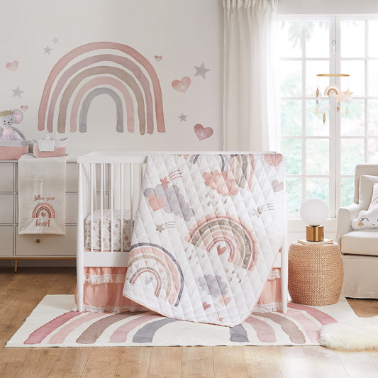 Levtex Baby - Juego de cama de bebé de 4 piezas sobre el arco iris, rosa, gris, gris pardo, bronceado y coral, incluye edredón reversible, sábana bajera de arco iris, sábana bajera rosa, falda de cama