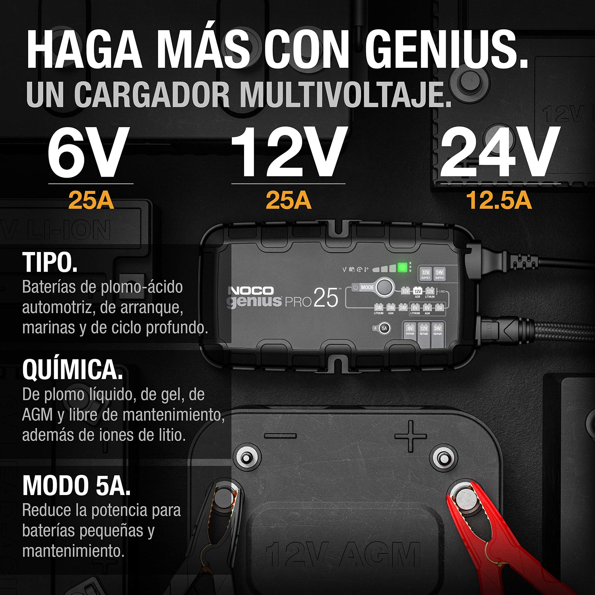 NOCO GENIUSPRO25: Cargador Inteligente 6V/12V/24V 25A – Profesional, mantenedor, desulfatador y Fuente de alimentación con protección contra sobrecarga – para baterías de Plomo y Litio