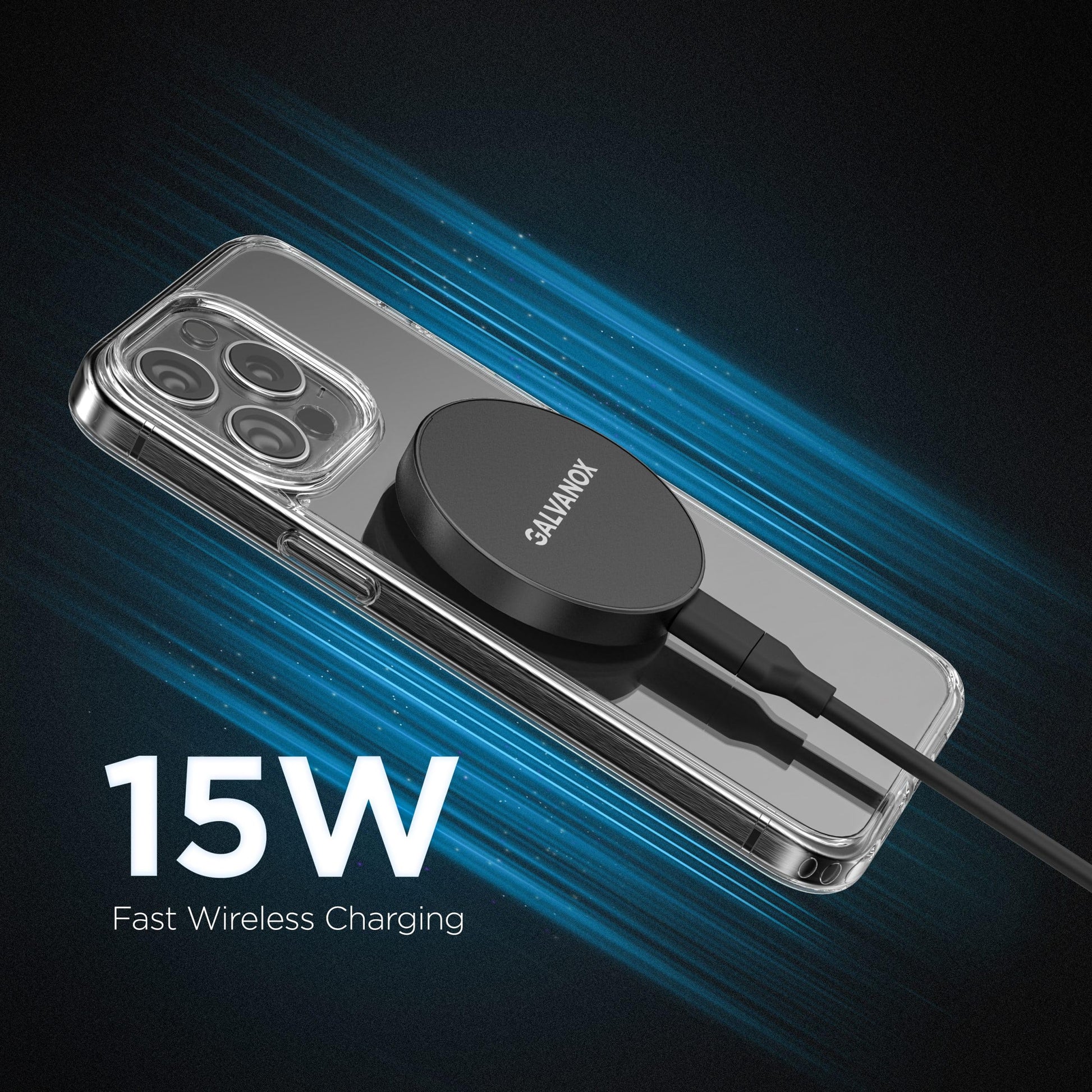 Galvanox Cargador inalámbrico largo, compatible con MagSafe (cable de 10 pies) magnético de 15 W, almohadilla de carga rápida para iPhone con cable flexible y extraíble (negro)