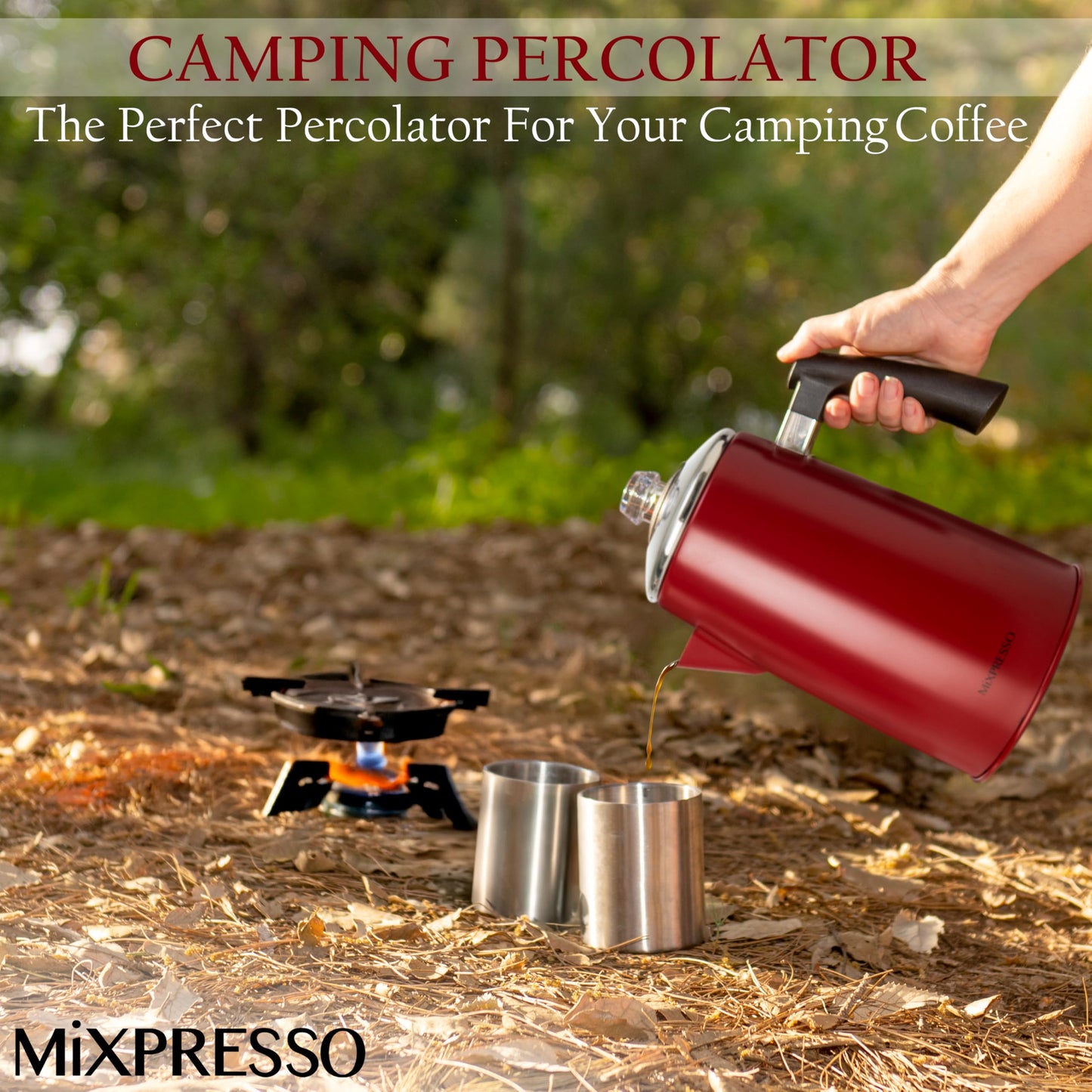 Percolador de Café Mixpresso Rojo con Mango de Tacto Frío de Acero Inoxidable 50 Onzas