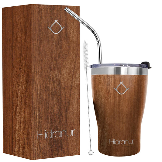 Hidranur Termo de Acero Inoxidable Doble Aislamiento Térmico, 12 Oz (354.882 ml), Termo para Café, Tapa Hermética Antifugas, Popote Incluido (Madera, 12 Oz (354.882 ml))