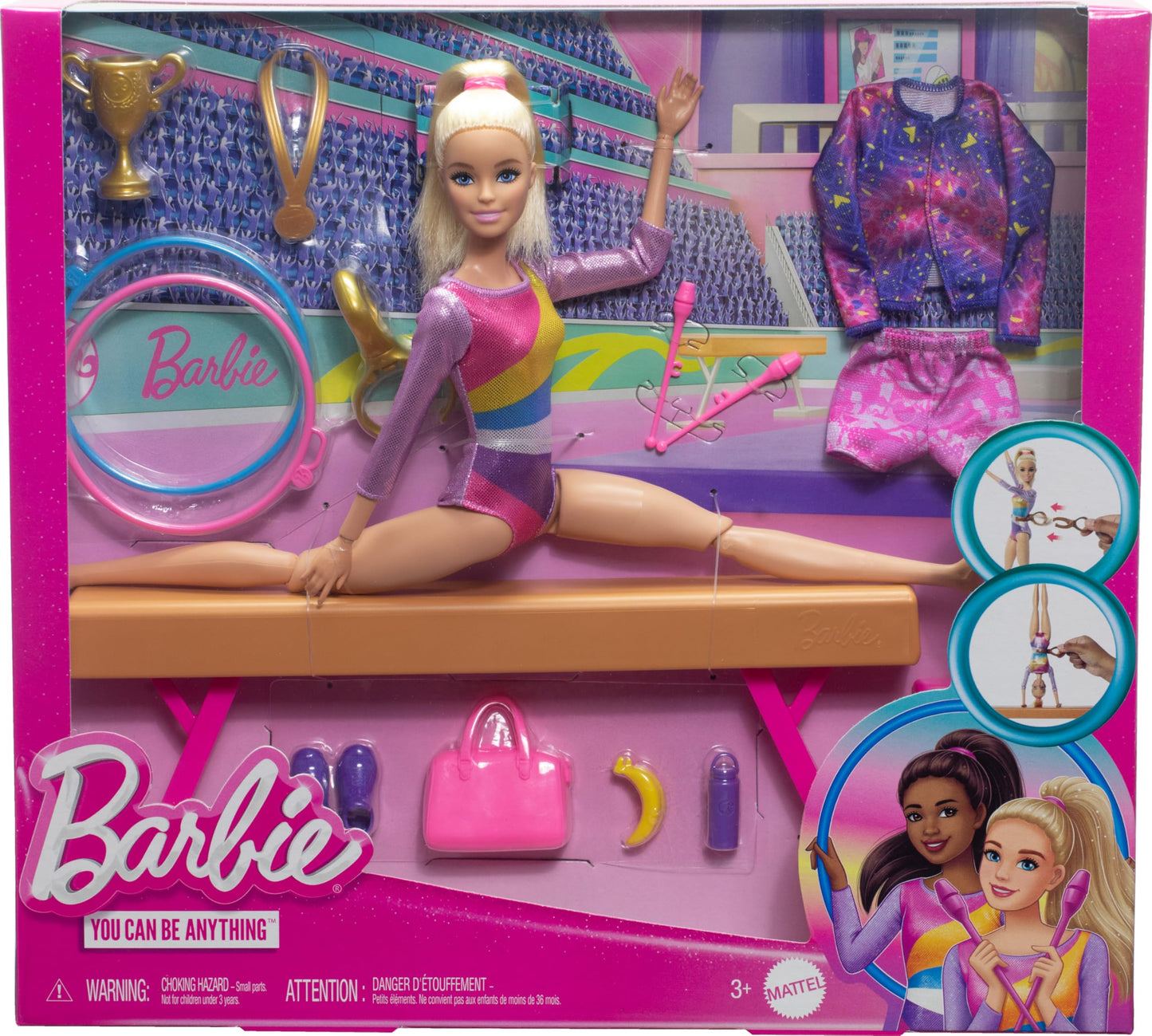 Barbie, Profesiones, Set de Juego Gimnasta, Muñeca con Cabello Rubio, para Niñas de 3 Años en Adelante, Mattel, Gimnasia, Viga de Equilibrio y más de 10 Piezas temáticas