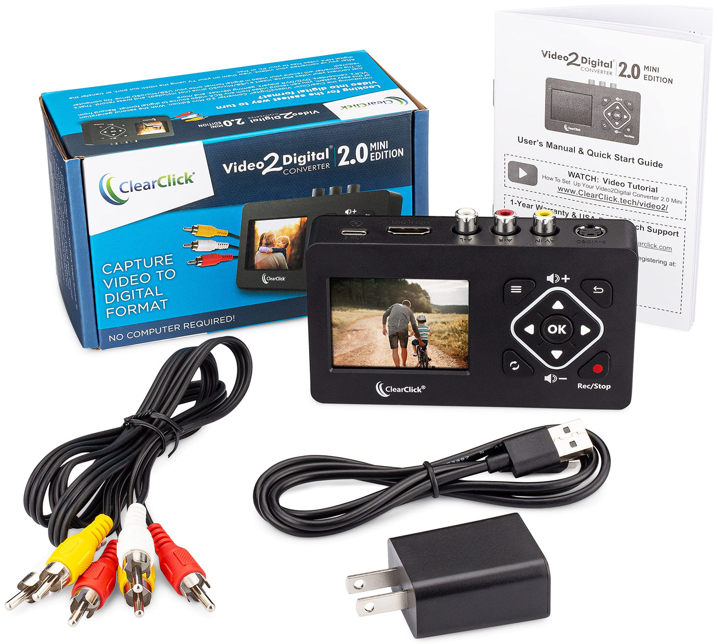 ClearClick Video to Digital Converter 2.0 (Segunda generación) Mini edición - Grabar vídeo de VCR, Cintas VHS, AV, RCA, Hi8, videocámara, DVD, Sistemas de Juegos
