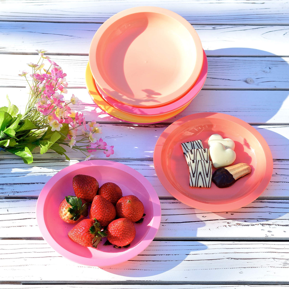Youngever 7.5 Inch Plastic Plates, Small Kid Size, Kids Plates, Toddler Plates, Snack Plates, Microwave Safe, Dishwasher Safe, Set of 9 (Peach Colors)