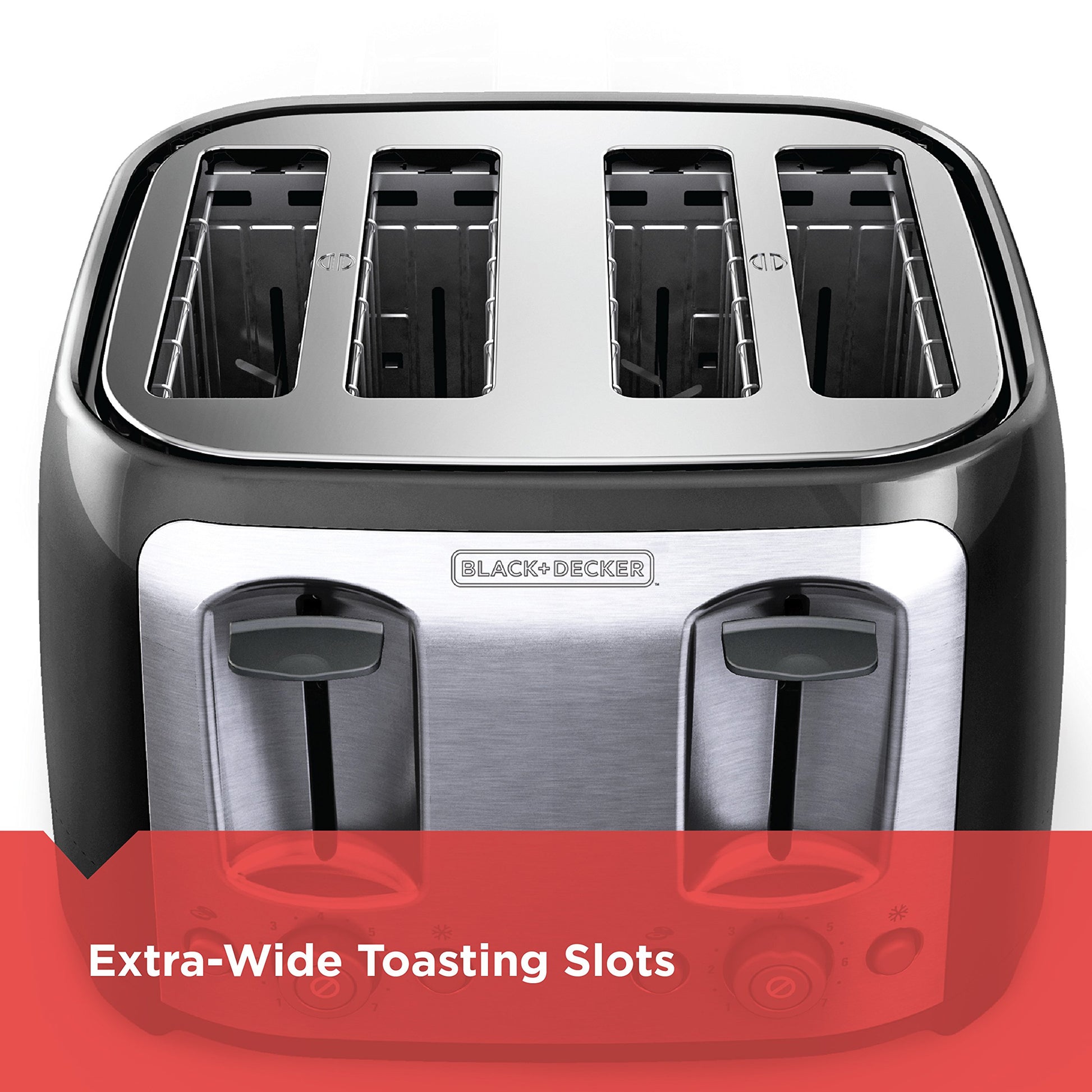 BLACK+DECKER tostador de 4 rebanadas, ranuras extra anchas, 7 ajustes de sombra, 1400 vatios, botones congelados y bagel, selector de sombra tostada, elevación adicional