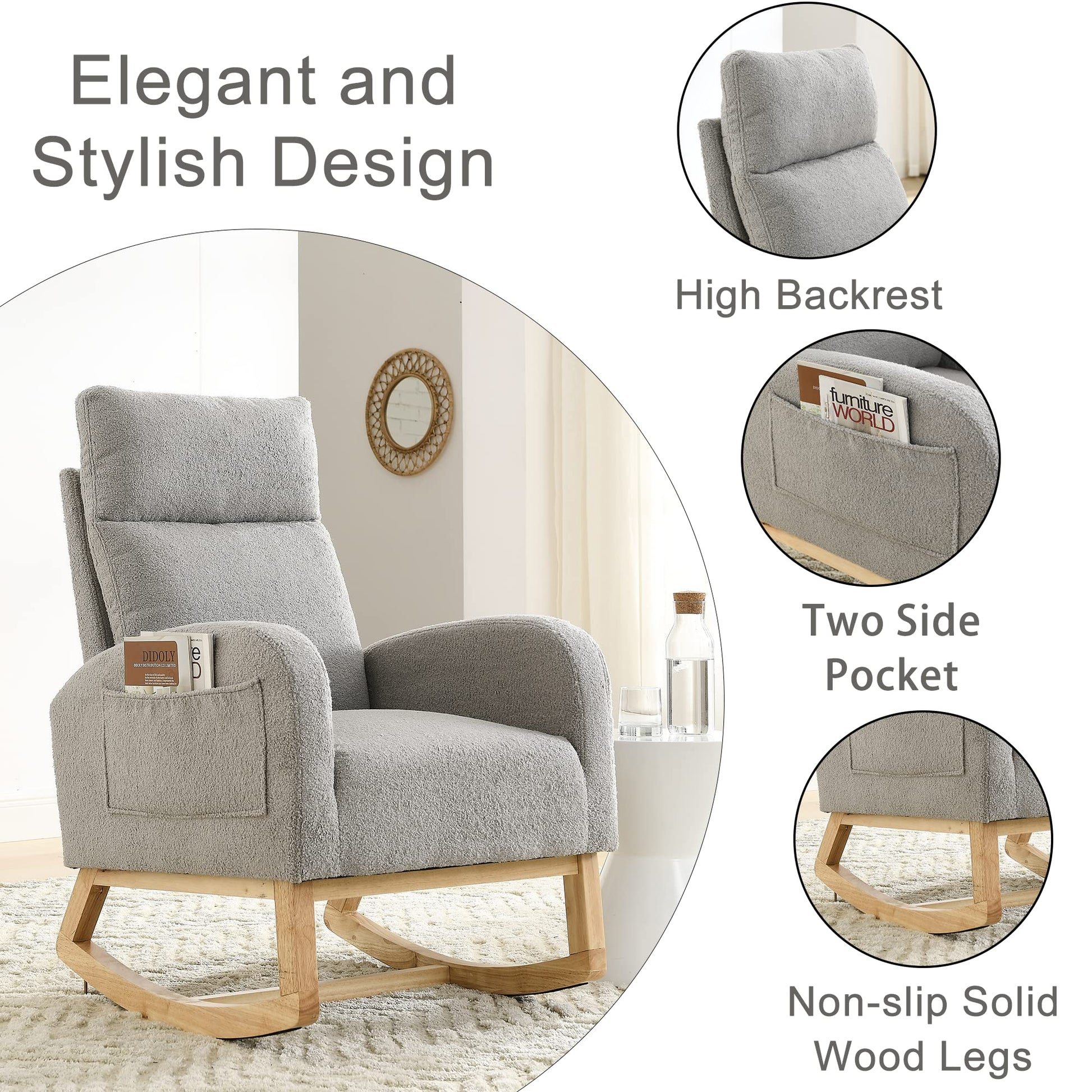 Krinana - Mecedora de guardería con patas de madera maciza, silla planeadora para guardería con dos bolsillos laterales, sillón basculante para sala de estar, recámara (gris, tela de peluche)