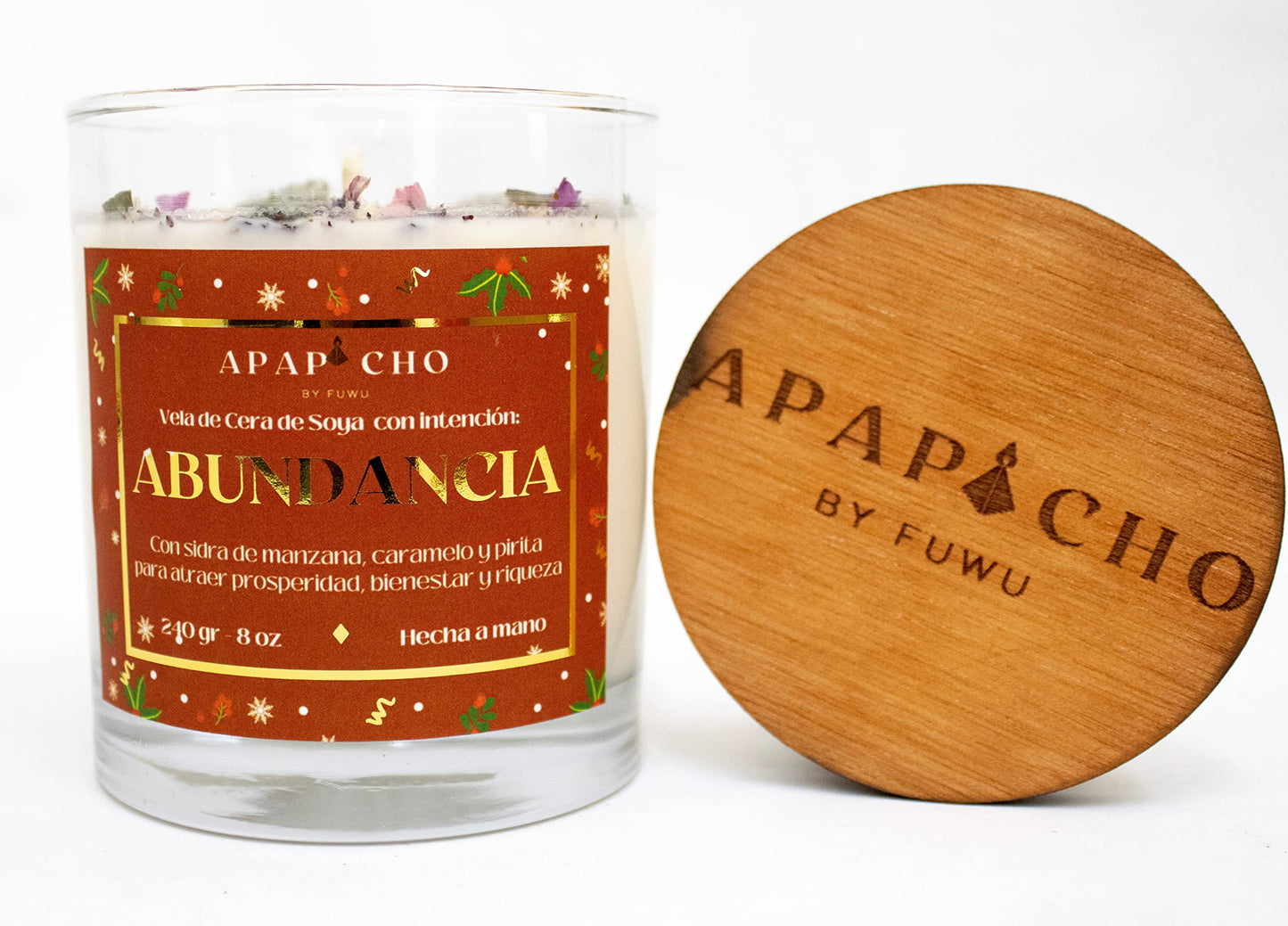 Fuwu, velas aromaticas edicion navidad de cera de soya con cuarzos naturales, velas decorativas hechas a mano con flores secas para decoracion navidad o regalos navideños Sidra de Manzana con caramelo