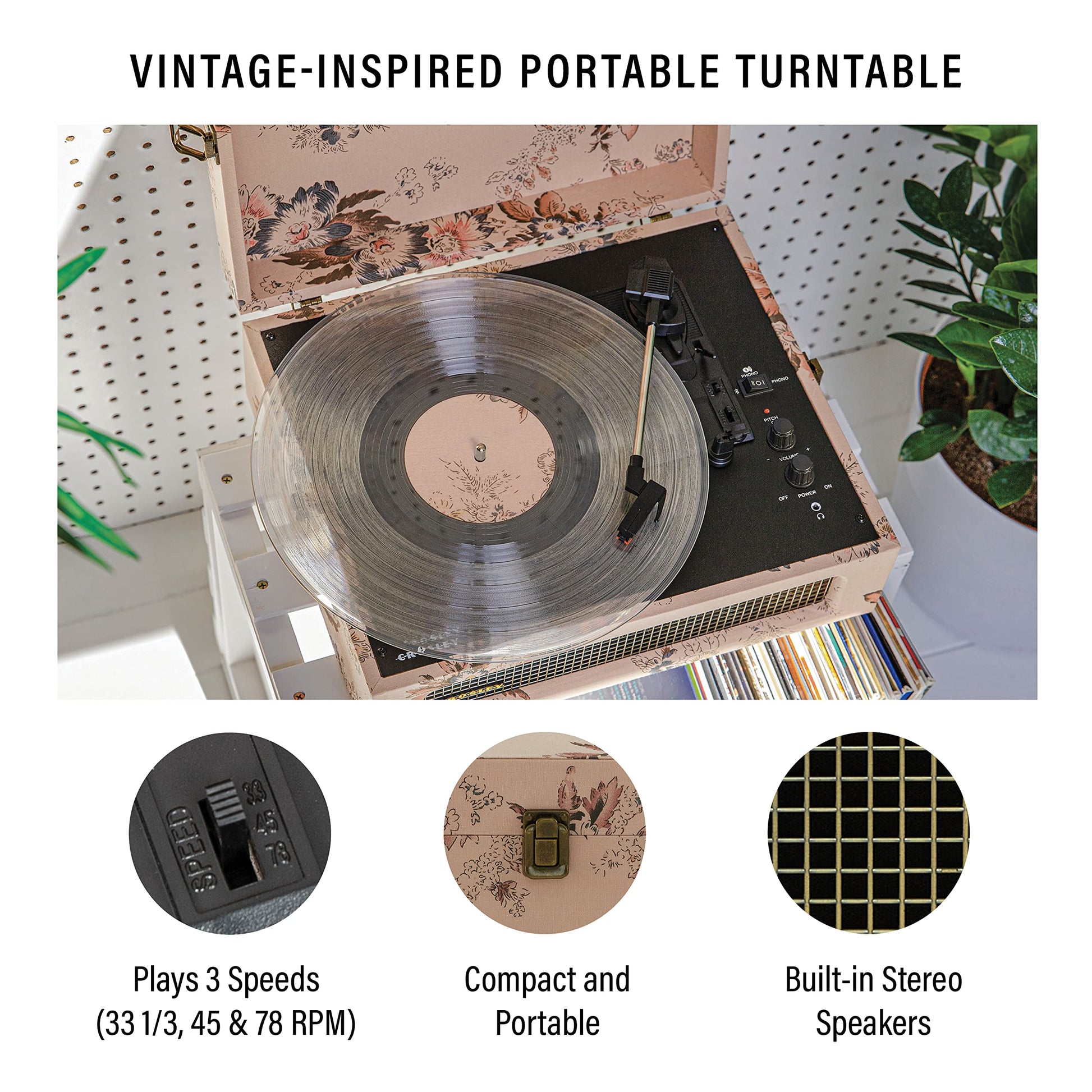 Crosley CR8017B-FL Voyager - Tocadiscos de Vinilo portátil clásico con Entrada y Salida Bluetooth y Altavoces Integrados, Floral