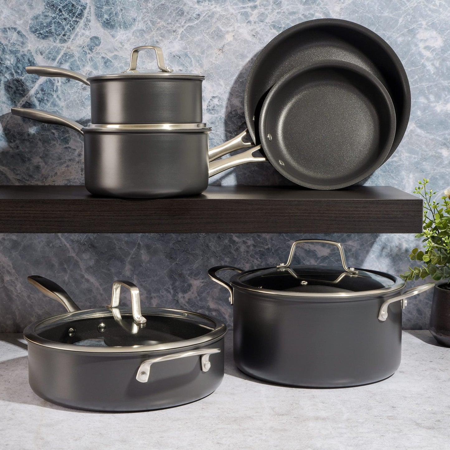 Kenmore Pro Arbor Heights - Juego de utensilios de cocina de aluminio forjado de platino anodizado duro de 7 capas, 10 piezas, color negro