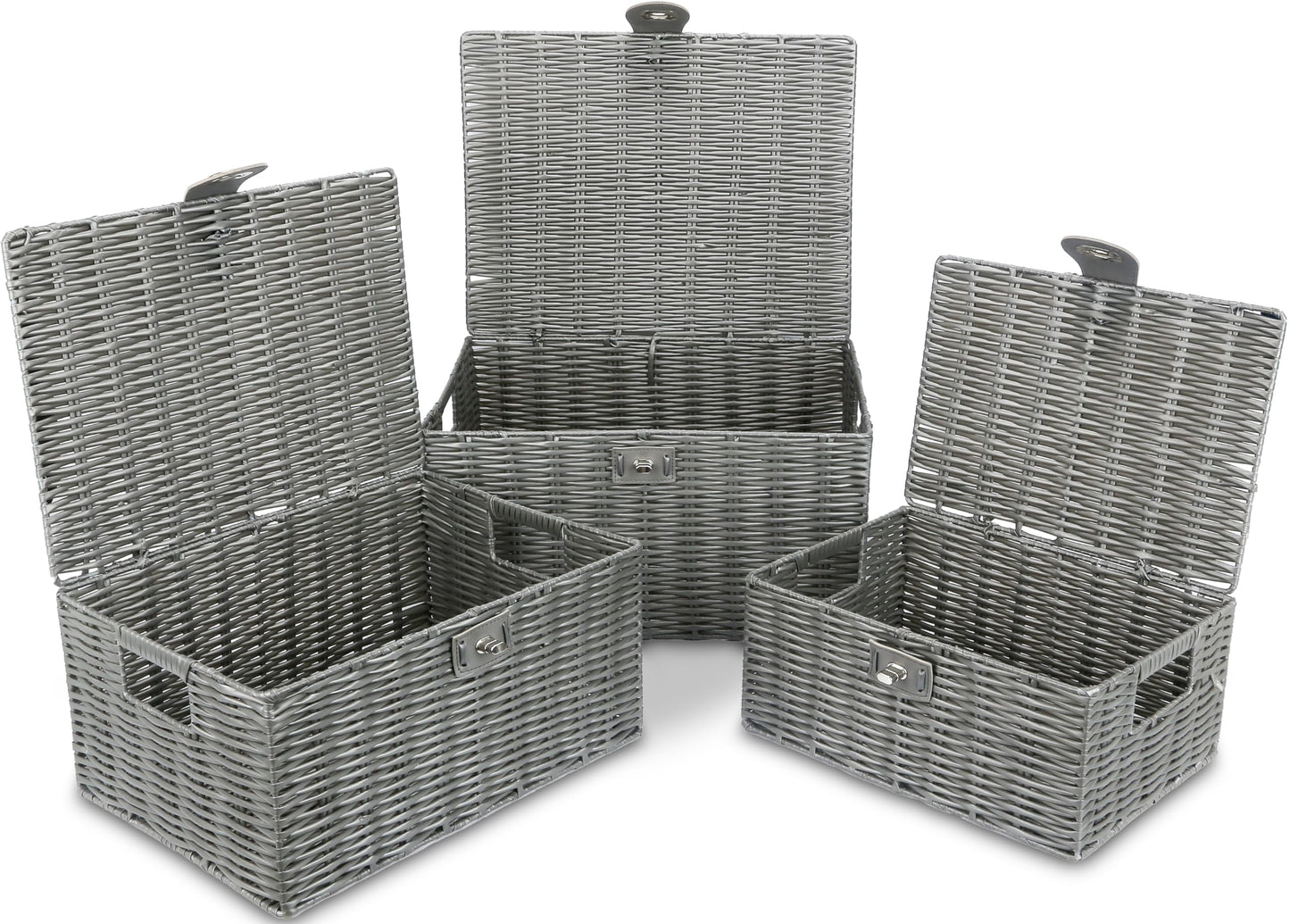 Honygebia - Cestas de almacenamiento de mimbre gris – Juego de 3 cajas decorativas con tapas, cesta tejida con cerradura y asa, organizador para maquillaje de belleza decoración de baño