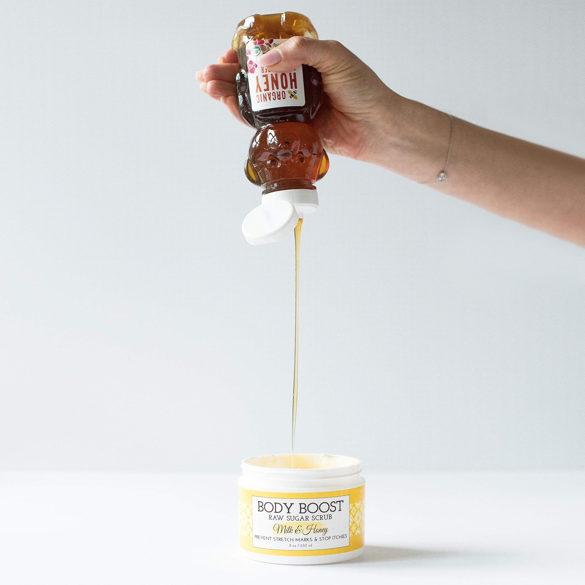 Body Boost Exfoliante de leche y miel para azúcar, 8 onzas, cuidado de la piel seguro para el embarazo y la lactancia