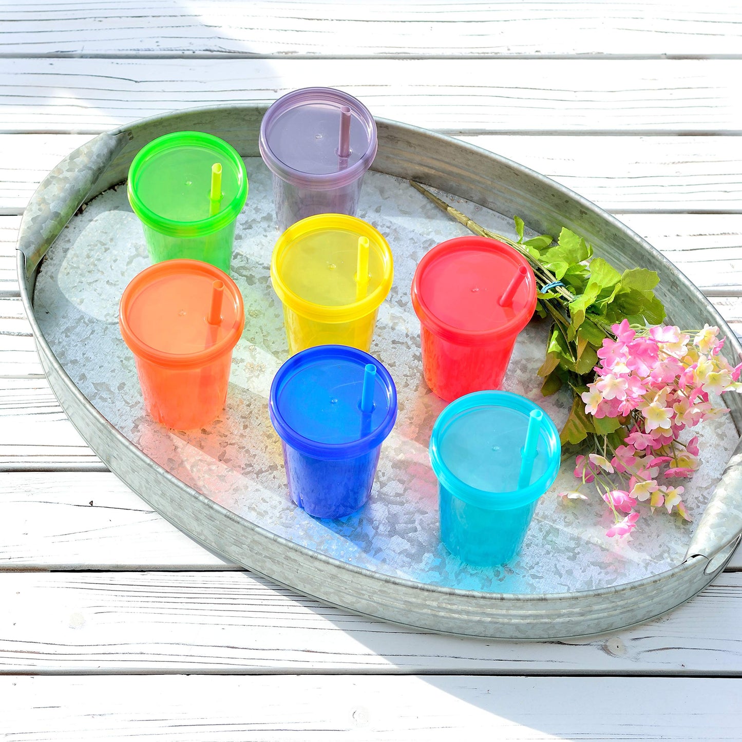 Youngever 7 Paquetes Vasos con Pajitas para Niños, 7 Vasos Plástico Reutilizables con Pajita para Niños en 7 Colores (Rainbow)