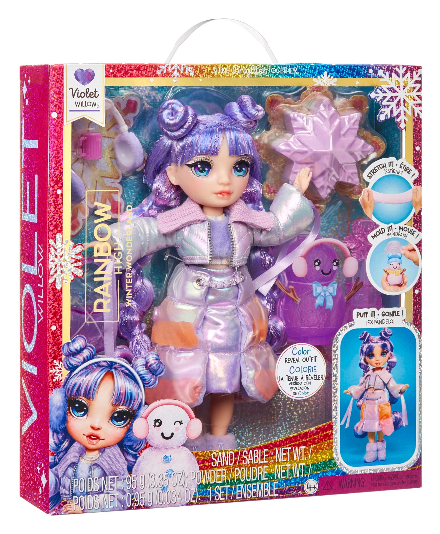 Muñeca Rainbow High Violet Willow morado Atuendos de Nieve Mágicos con Kit para Muñecos de Nieve de Arena Kinética