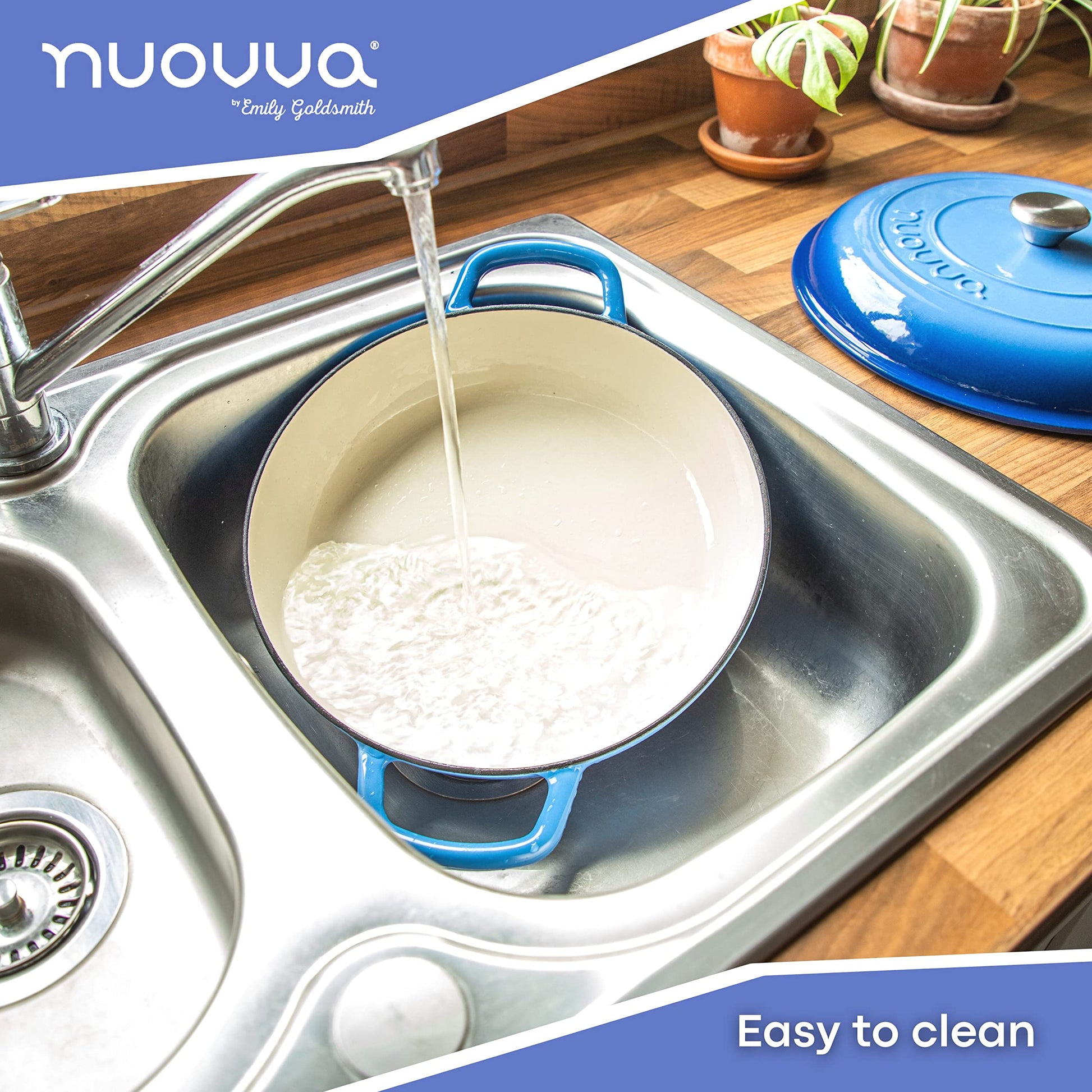 Nuovva - Horno holandés de hierro fundido con tapa, antiadherente poco profundo, apto para horno hasta 500 °F - Olla de cocina resistente - Olla esmaltada - Azul oscuro, 3.7 cuartos de galón, 30 cm