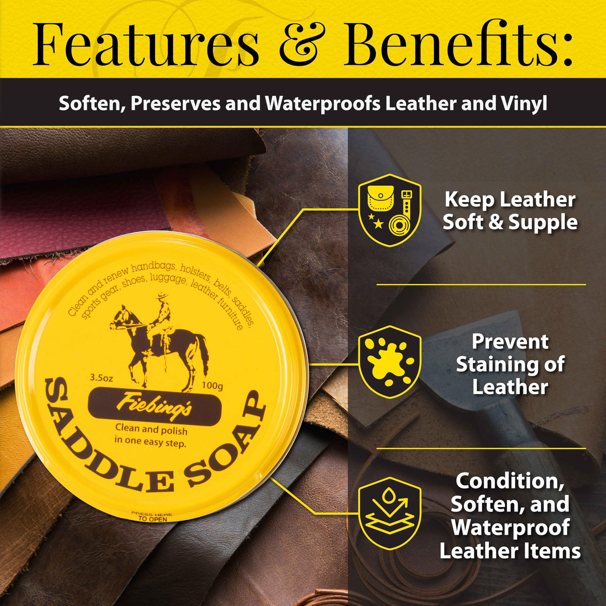 Fiebing’s Saddle Soap 100 g (3.5 oz) – Limpiador y Acondicionador para Cuero – Limpia y Pule en un Paso – Para Zapatos, Bolsos, Sillas de Montar y Artículos de Piel