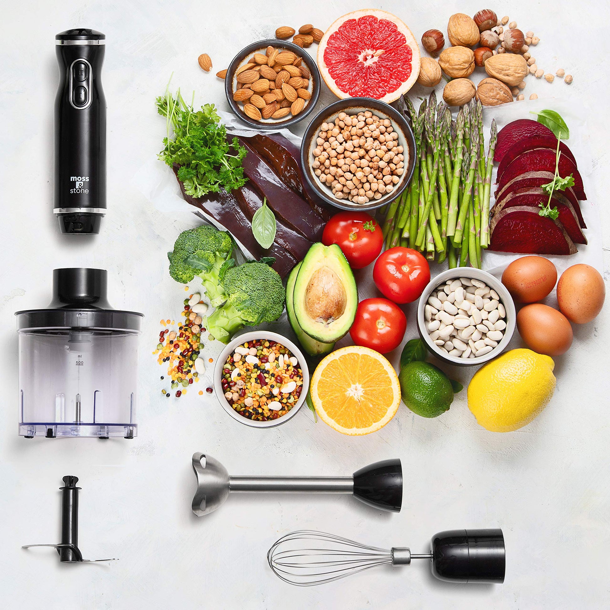 Batidora de mano eléctrica Moss & Stone con batidor de huevos y picador, potente batidora de mano de inmersión de 300 W, juego de mezclador de mano con eje y cuchillas de acero inoxidable, batidora de