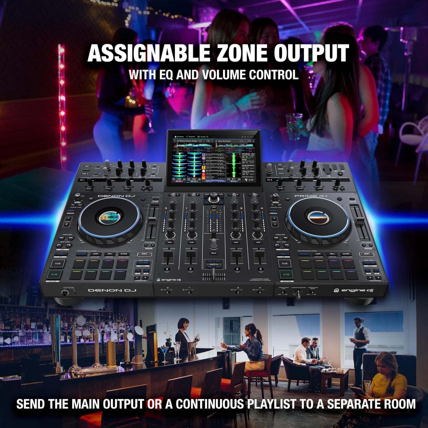 Denon DJ PRIME 4+ Controlador DJ Autónomo con Separación de Stems en 4 Decks, Streaming por WIFI, Mezclador, Pantalla Táctil 10.1", Control de Luces