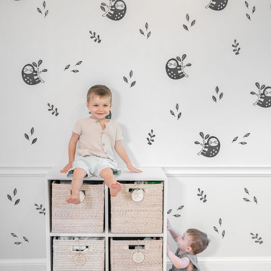 Calcomanías de pared de vinilo con diseño de perezoso y hojas, 96 unidades Decoración de guardería, diseño original de artista. Adhesivo de Animal Print para niños. Oso de la selva, hojas de decoración de dormitorio. (Negro)
