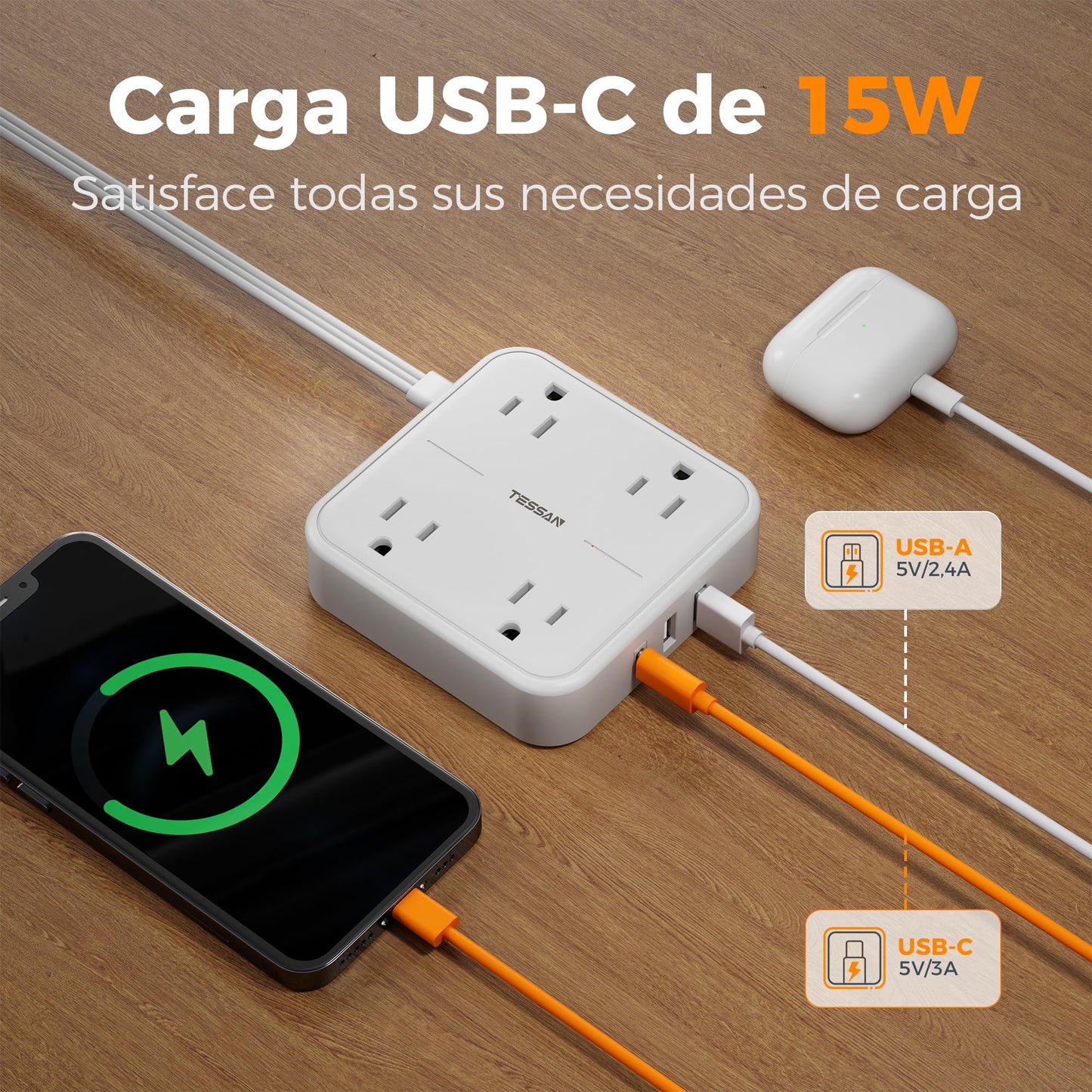TESSAN Regleta Multicontacto con Protector de Sobretensión, 1.5M Plana Extension Electrica, Enchufe Plano Conector Multiple con 4 Salidas y 3 USB (1 USB C), Hogar Oficina Dorm, Puro Blanco