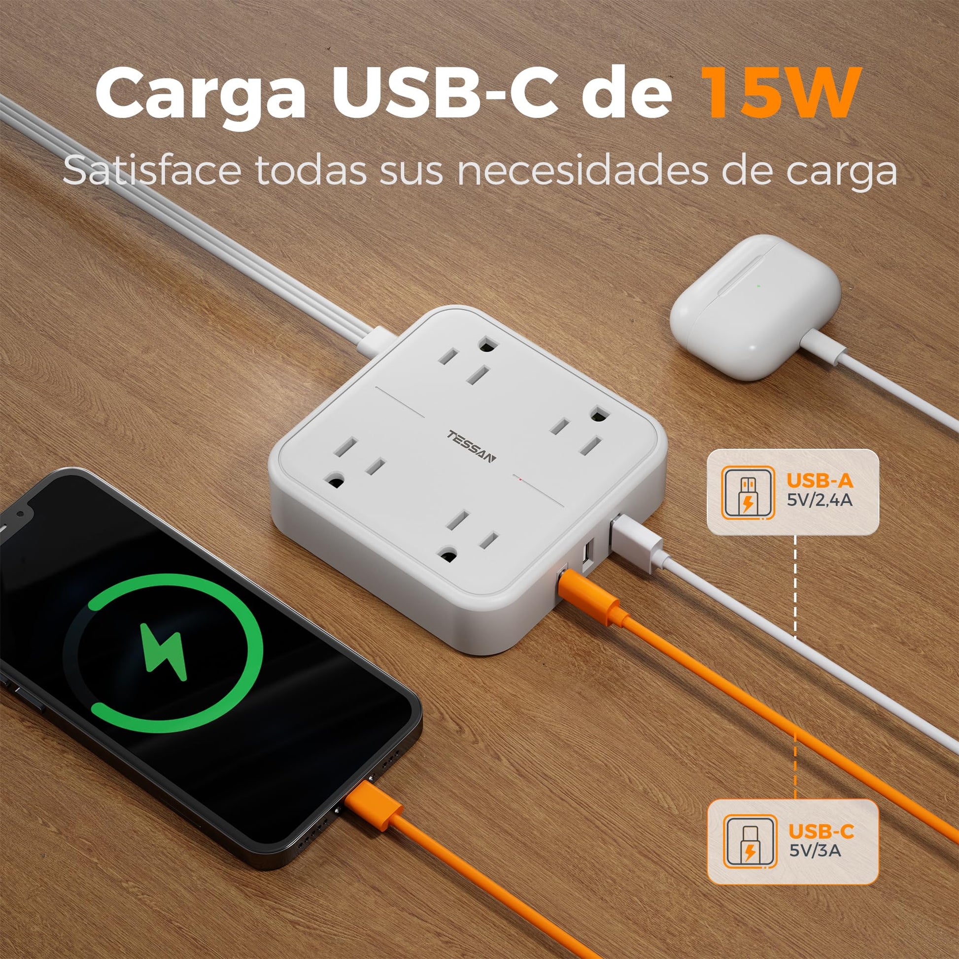 TESSAN Regleta Multicontacto con Protector de Sobretensión, 1.5M Plana Extension Electrica, Enchufe Plano Conector Multiple con 4 Salidas y 3 USB (1 USB C), Hogar Oficina Dorm, Puro Blanco