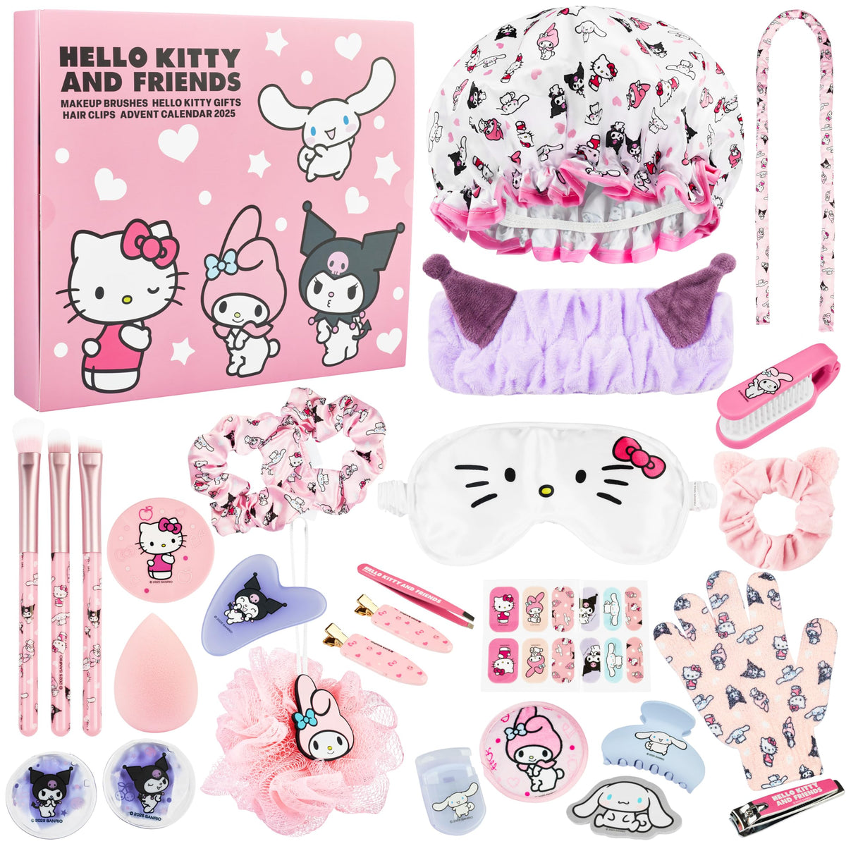 Calendario de Adviento Hello Kitty 2025 para mujeres y adolescentes, brochas de maquillaje, pinzas para el cabello, máscara de ojos, kit de regalo de belleza y cuidado personal, cuenta regresiva