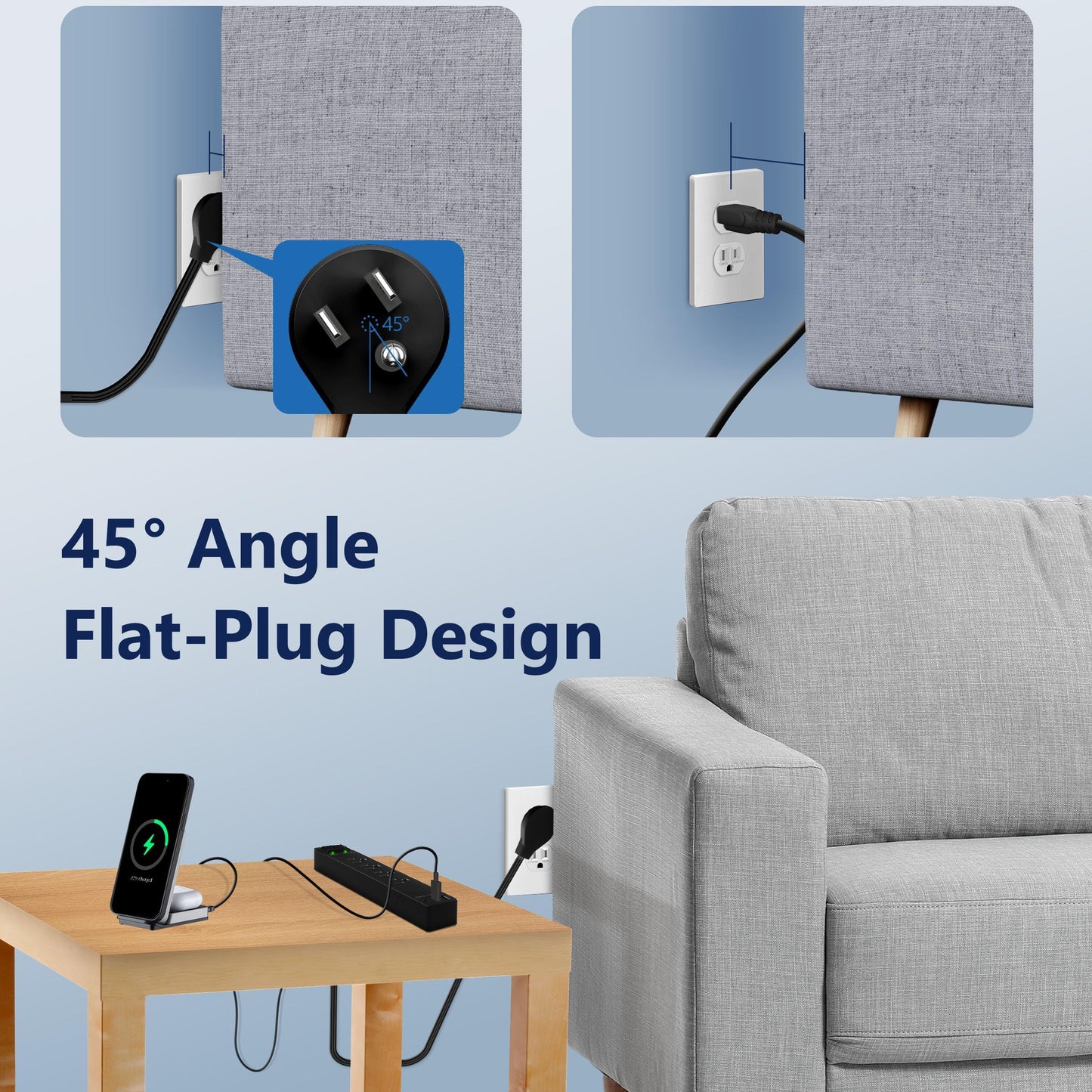 LIDER Extensor de toma con 4 receptáculos, USB-A y 2 USB-C, enchufe plano ultrafino con extensor de cable, tira de alimentación de 4 tomas, ángulo de 45 grados, protección contra sobretensiones 1500