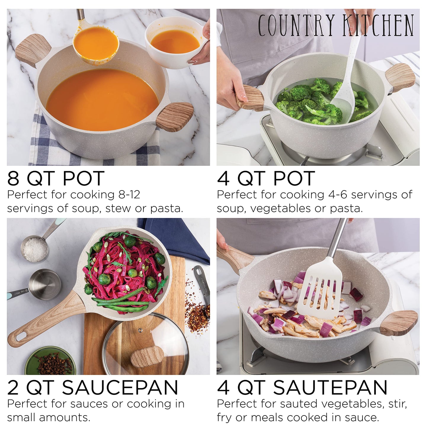 Country Kitchen - Juego de utensilios de cocina antiadherentes de inducción 13 ollas y sartenes de aluminio con asas BAKELITE - Ollas de inducción y sartenes con tapas de vidrio Crema (YCASPF9 CRM)