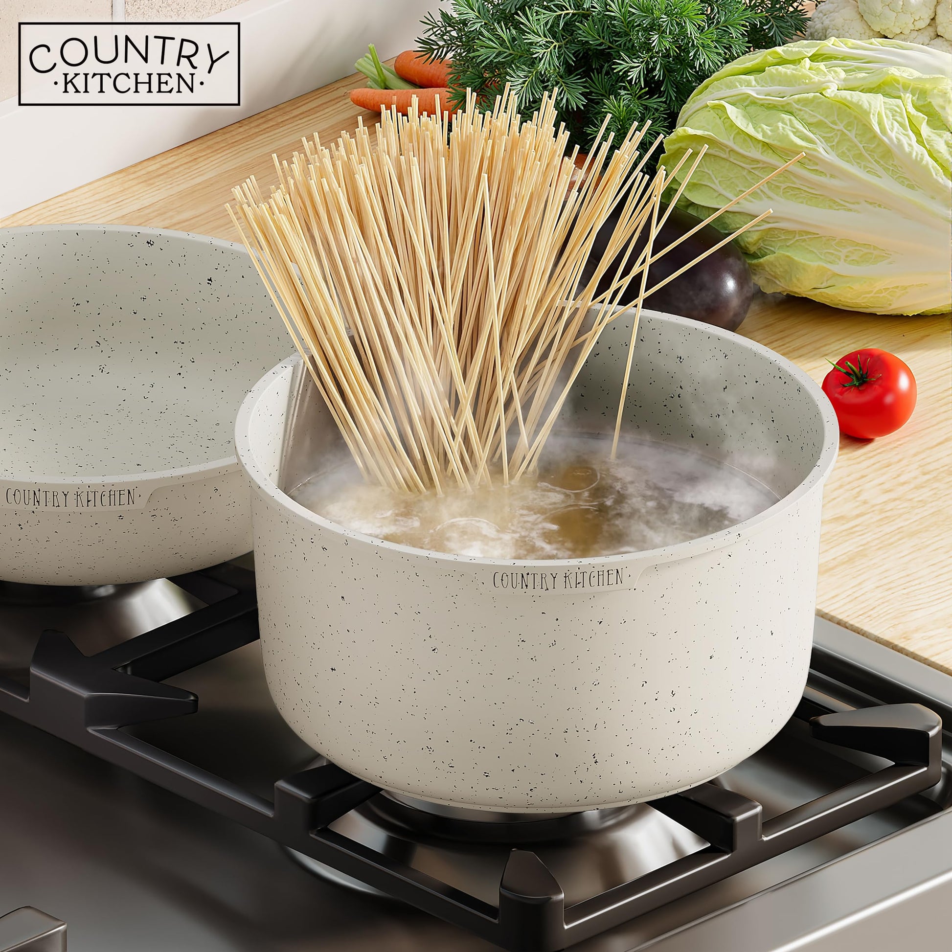 Country Kitchen Juego de ollas y sartenes de 13 piezas juego de utensilios de cocina antiadherentes mango desmontable juego de utensilios de cocina RV apto para lavaplatos/horno (crema), YFAC13RH CRM