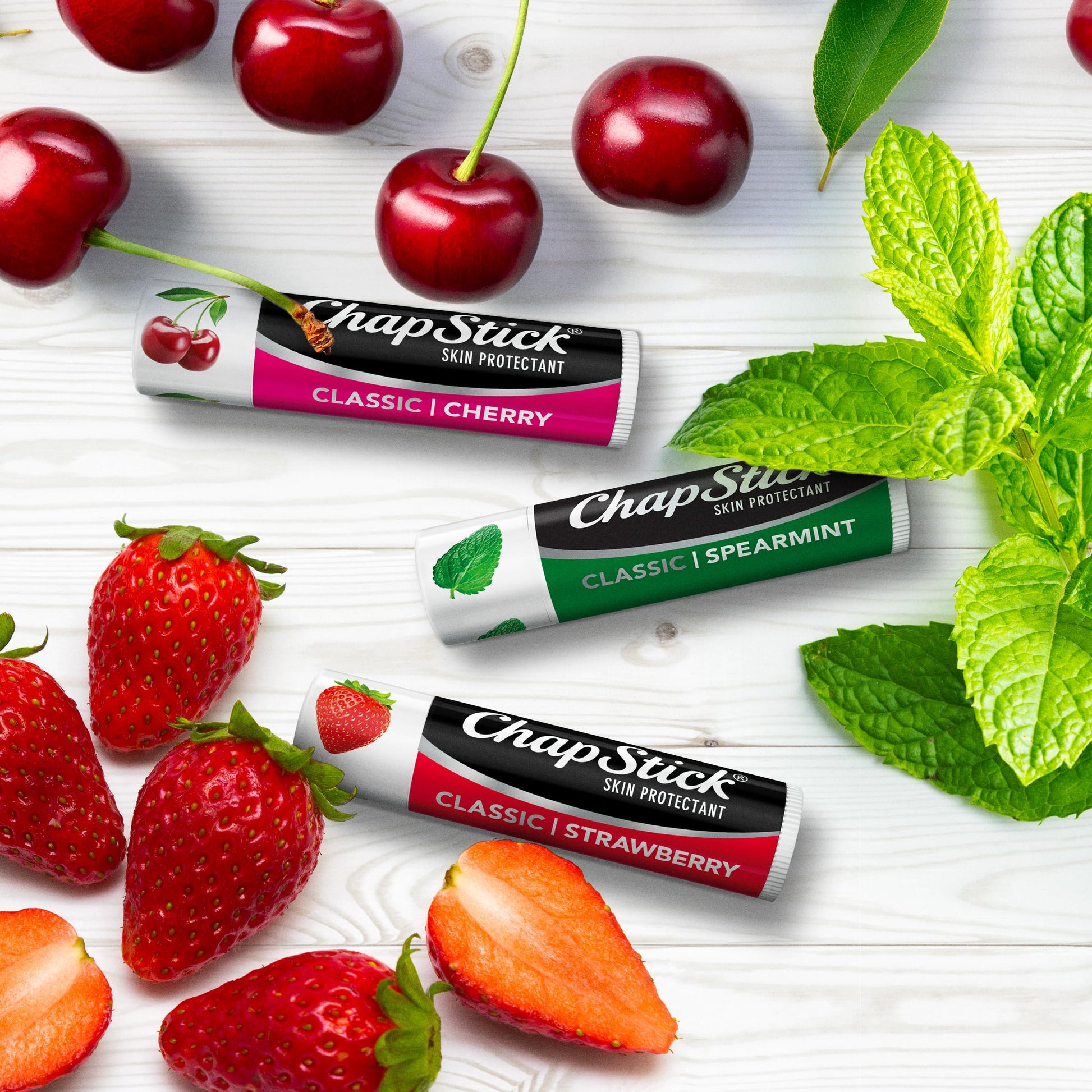 ChapStick Classic (3 Sticks) Cherry, Strawberry & Spearmint Flavor Skin Protectant Flavored Lip Balm Tube, 0.15 Ounce Each