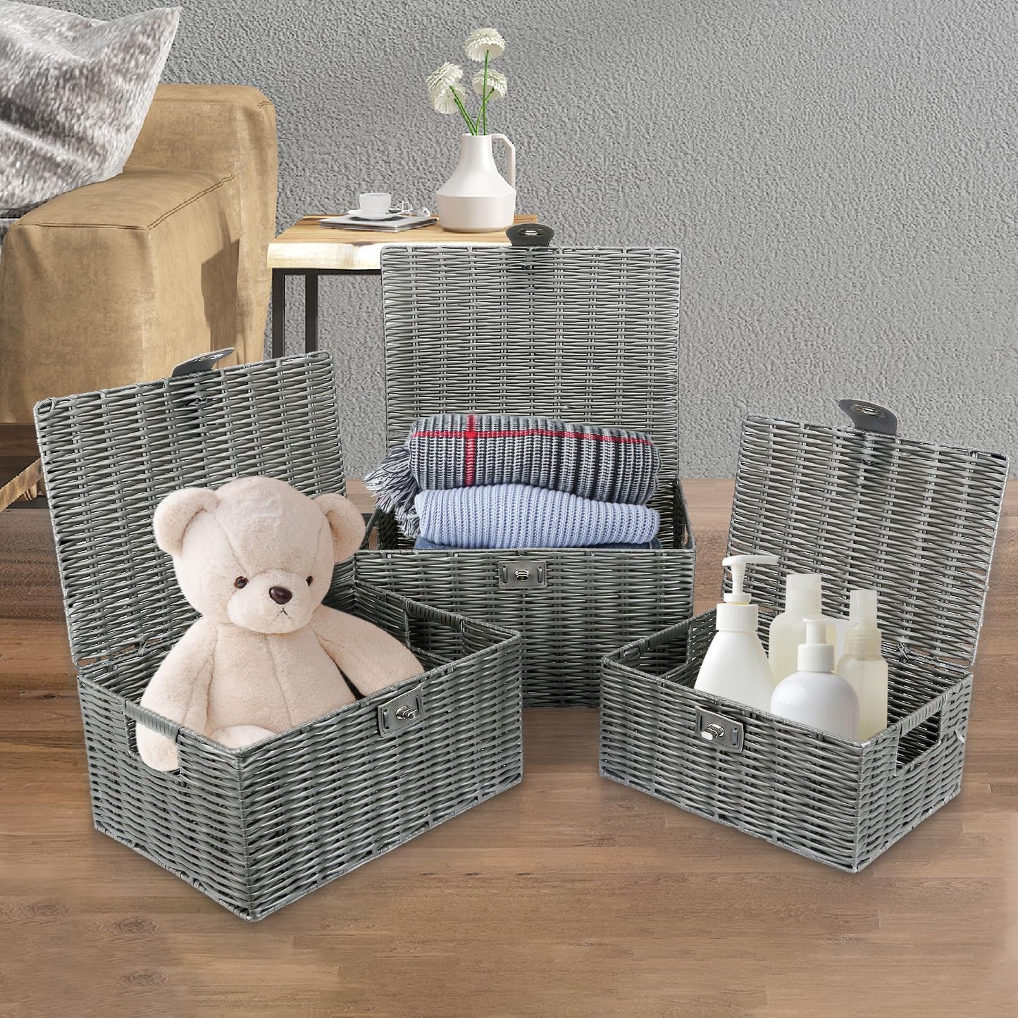 Honygebia - Cestas de almacenamiento de mimbre gris – Juego de 3 cajas decorativas con tapas, cesta tejida con cerradura y asa, organizador para maquillaje de belleza decoración de baño