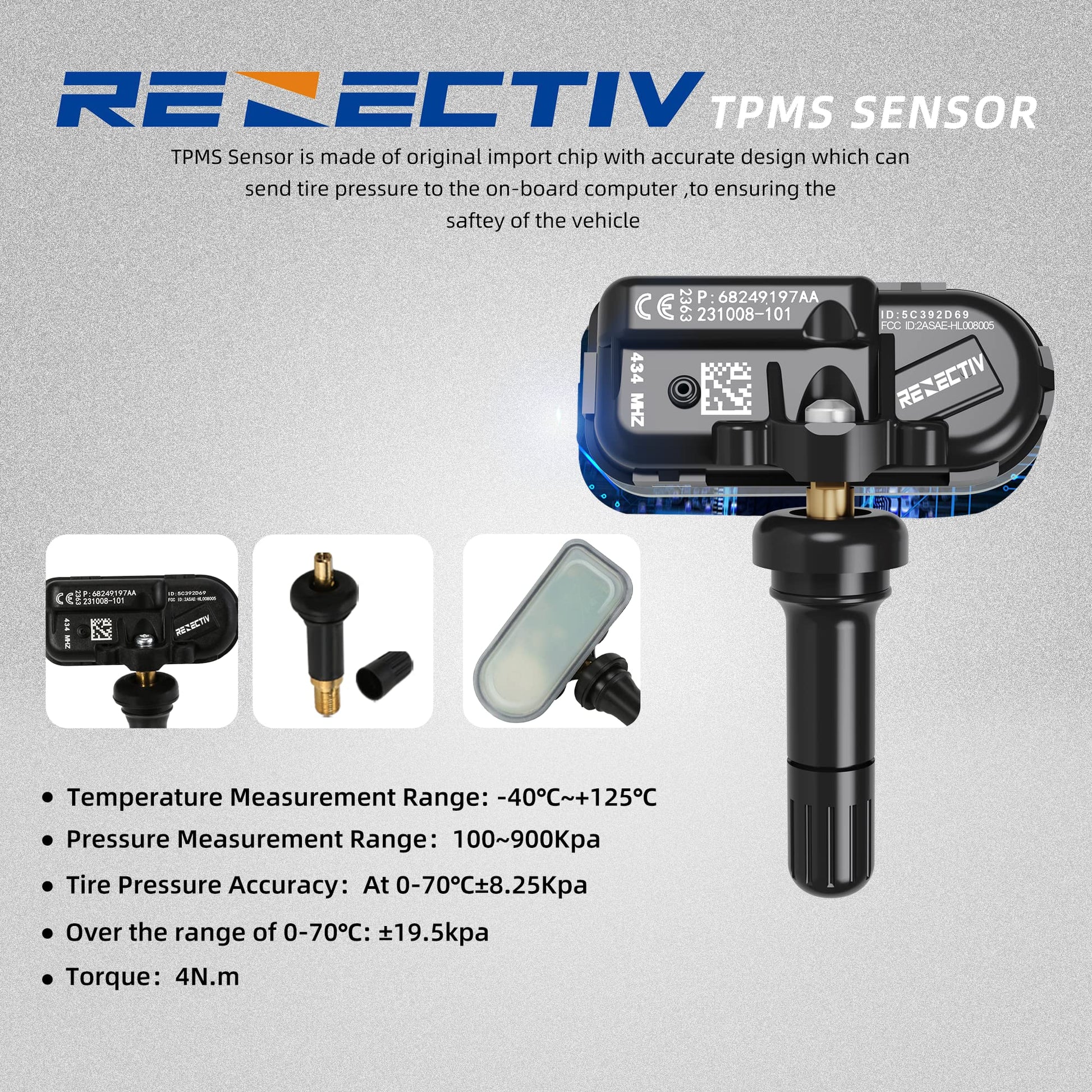 Sensor de Presión de Neumáticos RENECTIV 434 MHz Compatible con RAM y Jeep Cherokee 2014-2022 juego de 4 Piezas