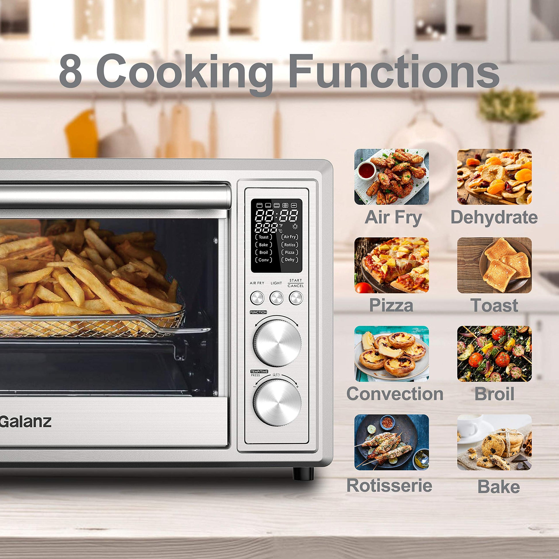 Galanz GT12SSDAN18 - tostador digital para freír y asar 8 en 1, horno de convección con pizza y deshidratado, 4 accesorios incluidos, 1800W, 26 cuartos de galón grande, acero inoxidable, 30L, 2