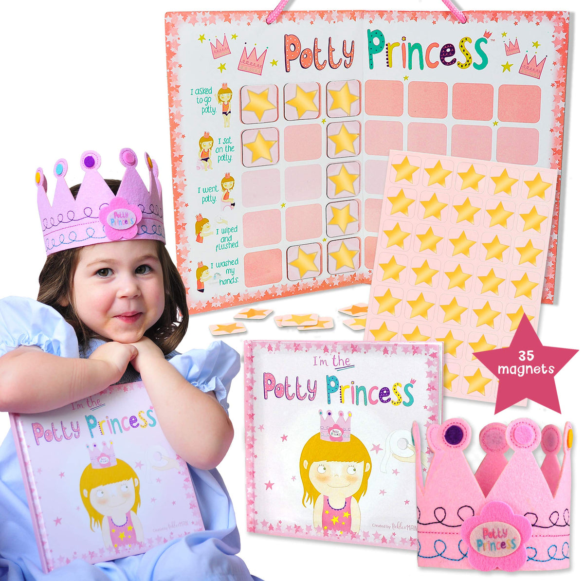 Princess Potty Training Gift Set with Book, Potty Chart, Star Magnets, and Reward Crown for Toddler Girls. Comes in Castle Gift Box.