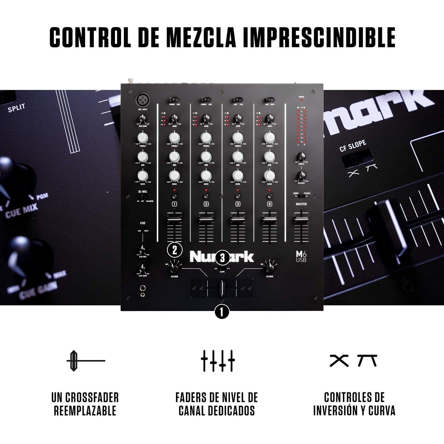 Mezclador DJ Numark M6 USB con Interfaz de Audio Integrada y Crossfader Reemplazable