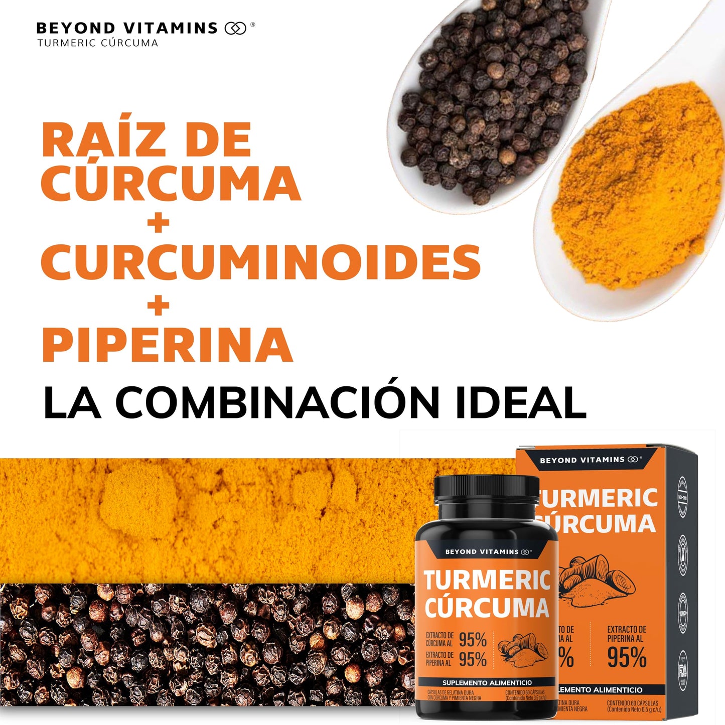 Suplemento Alimenticio Turmeric Cúrcuma con Raíz Estandarizada y Pimienta Negra Alta Potencia NON GMO