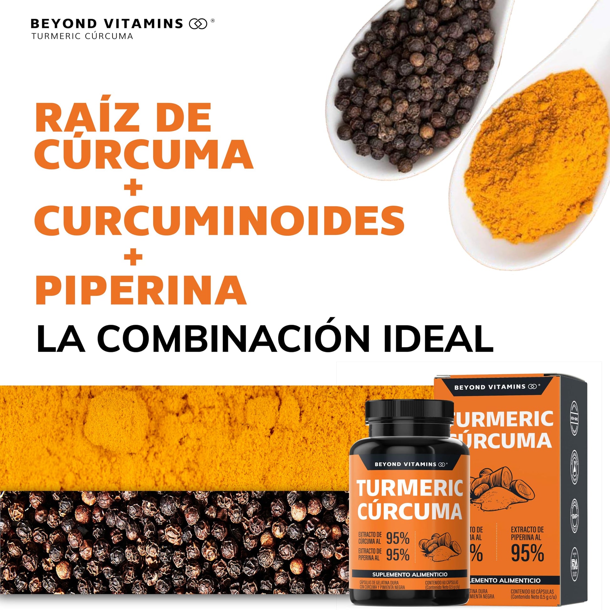 Suplemento Alimenticio Turmeric Cúrcuma con Raíz Estandarizada y Pimienta Negra Alta Potencia NON GMO