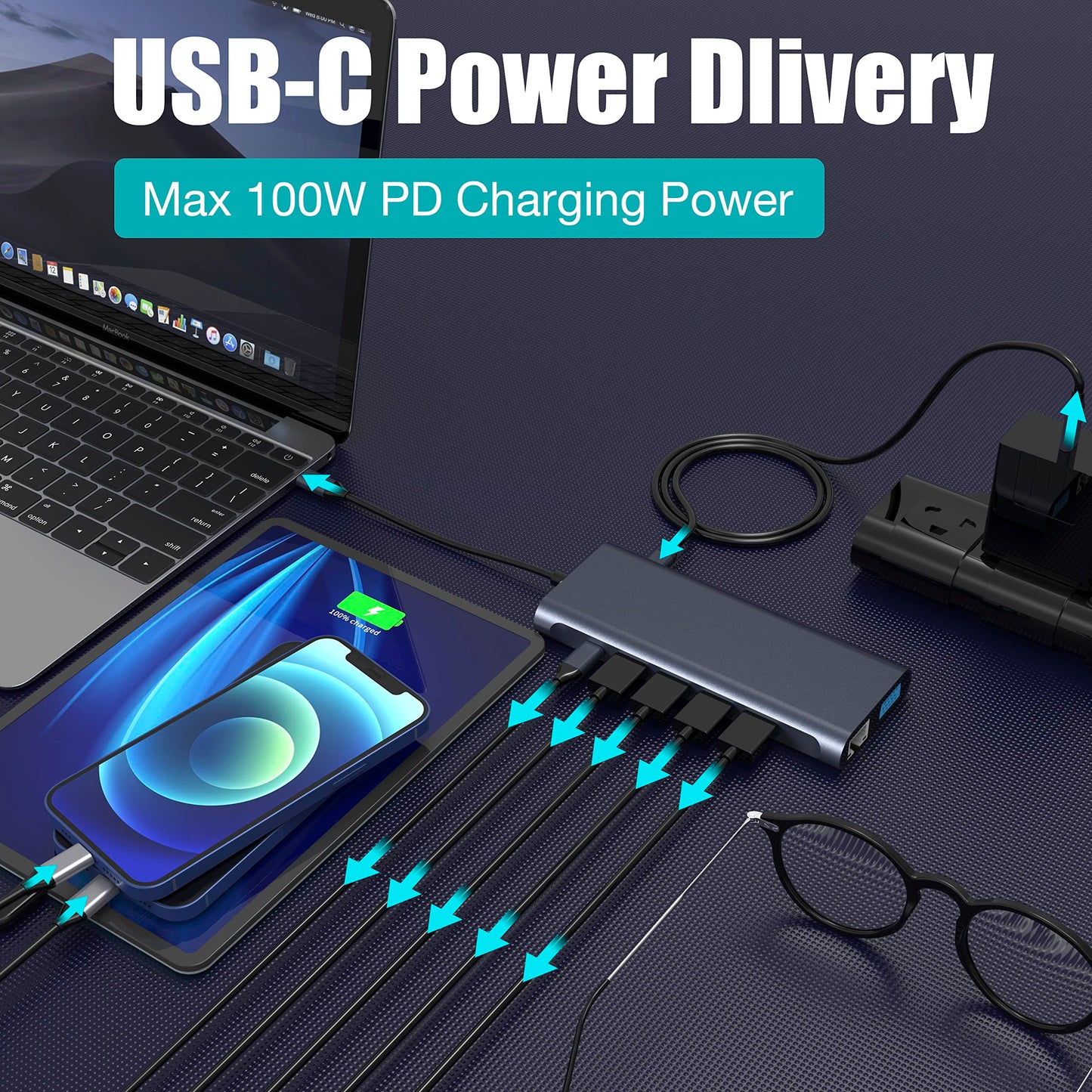 Concentrador de estación de acoplamiento USB C (13 en 1) con 2 puertos HDMI 4K, Ethernet, VGA, audio, USB3.0 TF/SD Dongle Dongle compatible con MacBook iPad Pro, Dell Hp Lenovo