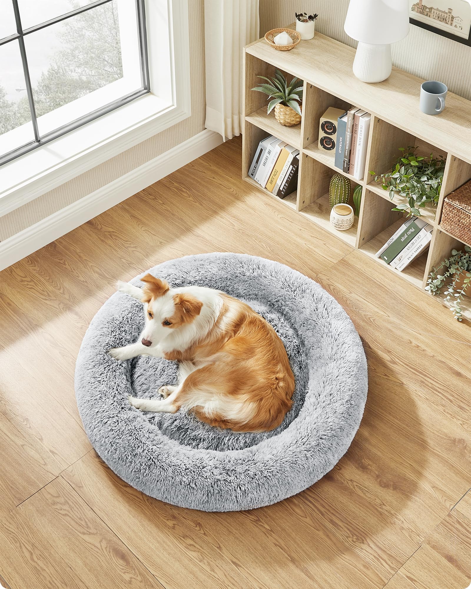 Feandrea Cama de Perros, Cama para Mascotas, Diámetro de 100 cm, Cojín Central Extraíble y Lavable, Alfombra de Felpa, Gris Ombré MPGW042G01
