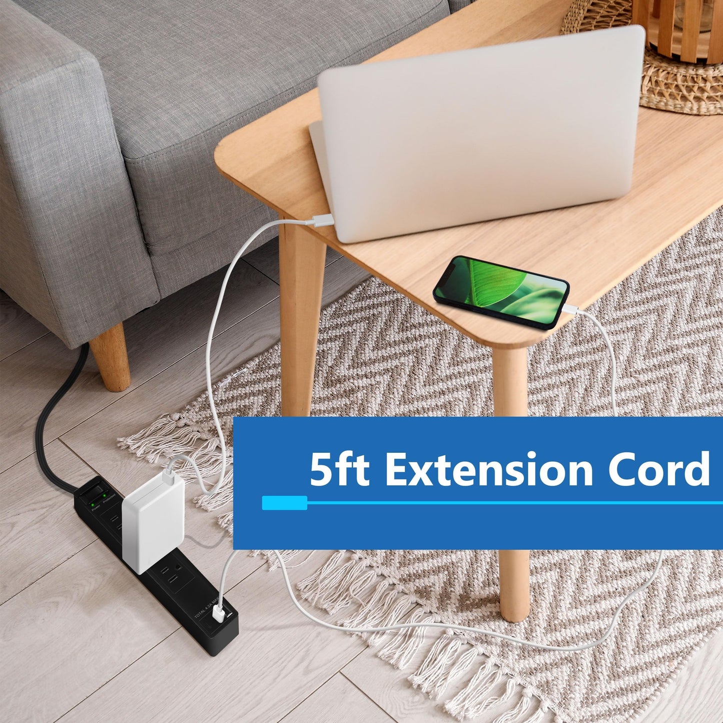 LIDER Extensor de toma con 4 receptáculos, USB-A y 2 USB-C, enchufe plano ultrafino con extensor de cable, tira de alimentación de 4 tomas, ángulo de 45 grados, protección contra sobretensiones 1500