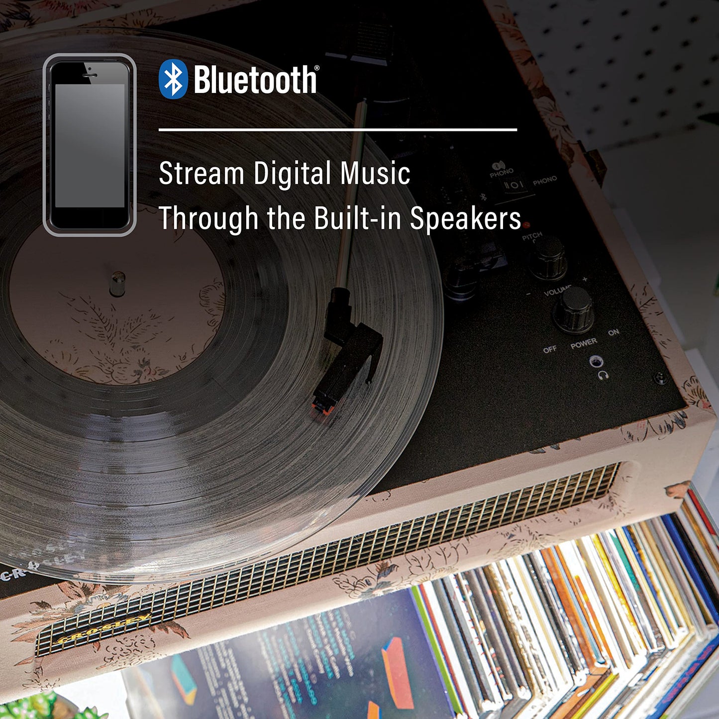 Crosley CR8017B-FL Voyager - Tocadiscos de Vinilo portátil clásico con Entrada y Salida Bluetooth y Altavoces Integrados, Floral