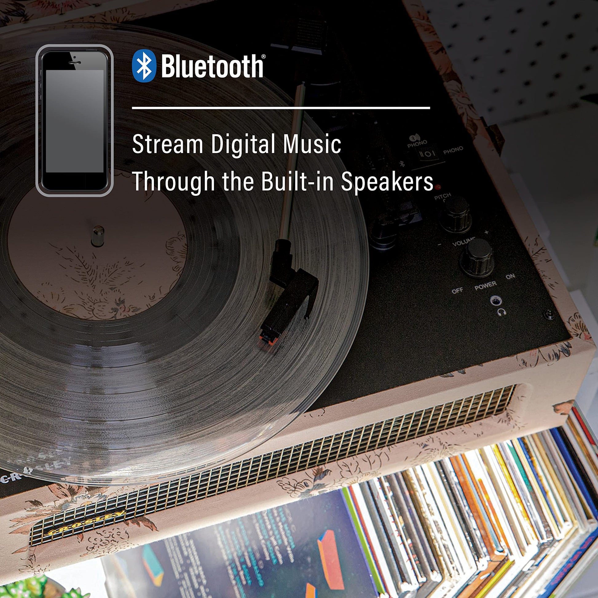 Crosley CR8017B-FL Voyager - Tocadiscos de Vinilo portátil clásico con Entrada y Salida Bluetooth y Altavoces Integrados, Floral