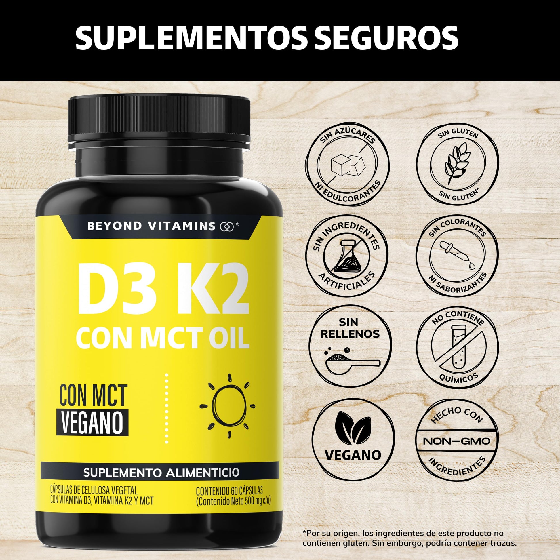 Suplemento Alimenticio Vegano Beyond Vitamins Sin Azúcar con Vitamina D3, K2 y MCT Oil