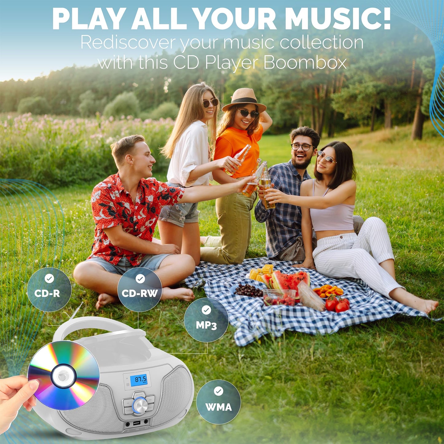 Philips Reproductor de CD Boombox, Aumento de graves dinámico con Bluetooth, Radio FM, Reproducción USB y entrada AUX, Boombox portátil de carga superior, Estéreo claro, Compatible con RW/MP3 (Blanco)